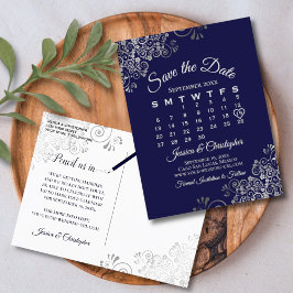 Tarjeta de calendario de boda 'Silver Frills Navy'