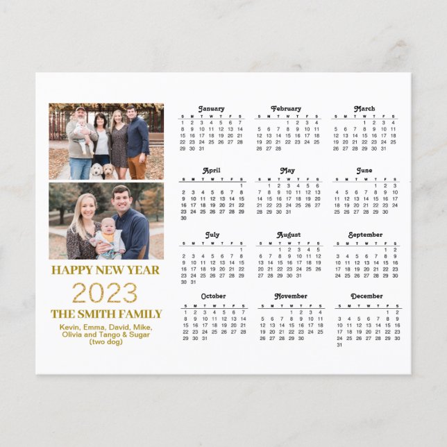 Tarjeta de calendario de fotos con guión dorado mo (Anverso)