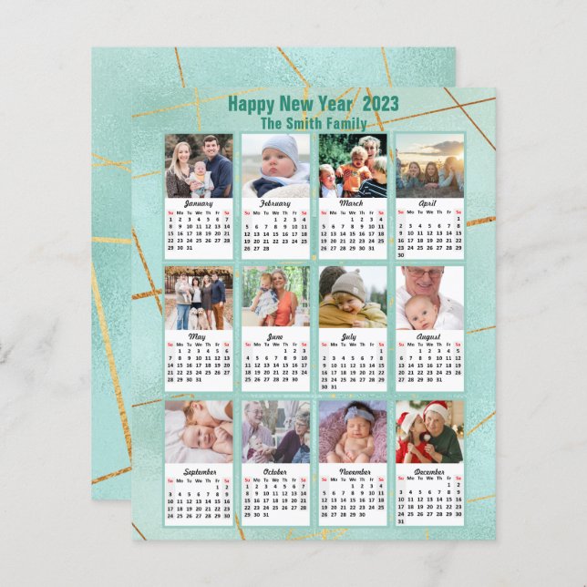 Tarjeta de calendario de fotos de la familia verde (Anverso / Reverso)