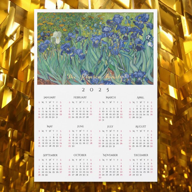 Tarjeta de calendario de las flores irlandesas Vin (Irises Flowers Vincent Van Gogh 2025 Calendar Card)