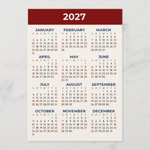 Tarjeta de calendario de vista anual 2027 con colo