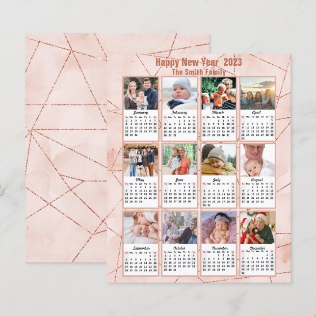 Tarjeta de calendario fotográfico moderno Rosa Gol (Anverso / Reverso)