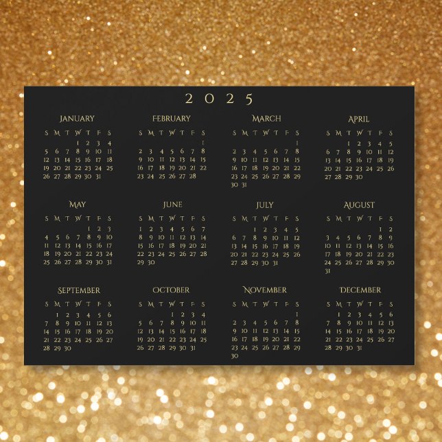 Tarjeta de calendario magnético Black and Faux Gol (Black and Faux Gold 2025 Magnetic Calendar Card)