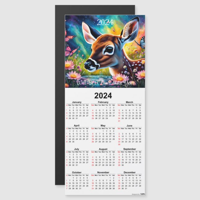 Tarjeta de calendario magnético Fawn en Meadow Pon (Anverso/Reverso)