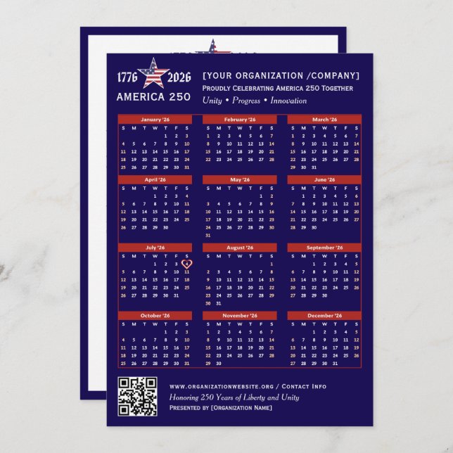 Tarjeta de calendario Patriotic Blue 2026 de Ameri (Anverso / Reverso)