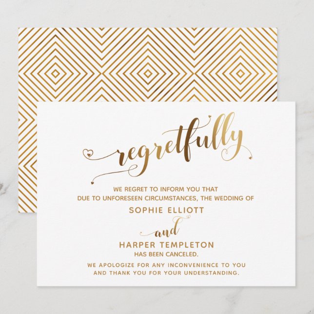 Tarjeta de caligrafía de oro para Boda cancelada p (Anverso / Reverso)