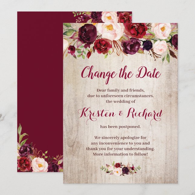 Tarjeta de cambio de fecha floral roja borgoña rús (Anverso / Reverso)