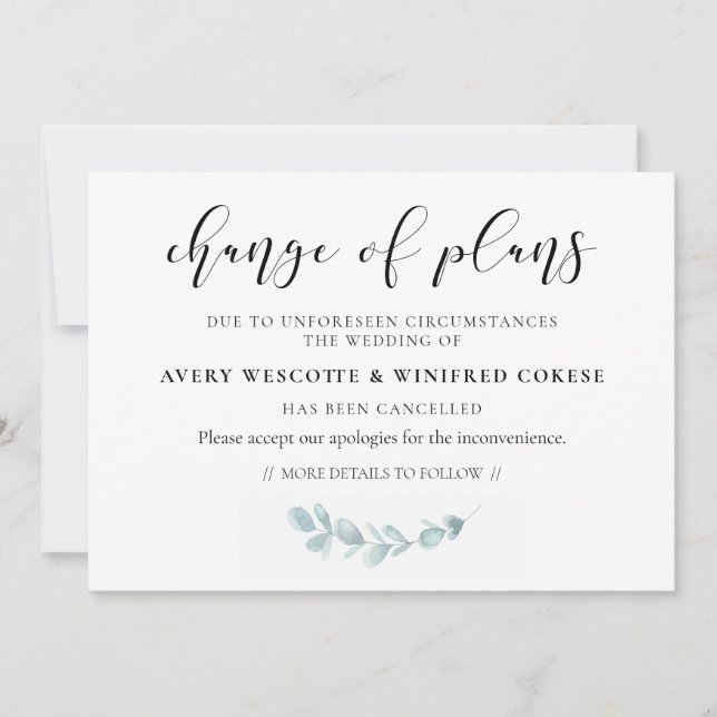 Tarjeta de cambio de planes de boda con vegetación (Anverso)