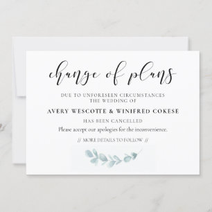 Tarjeta de cambio de planes de boda con vegetación