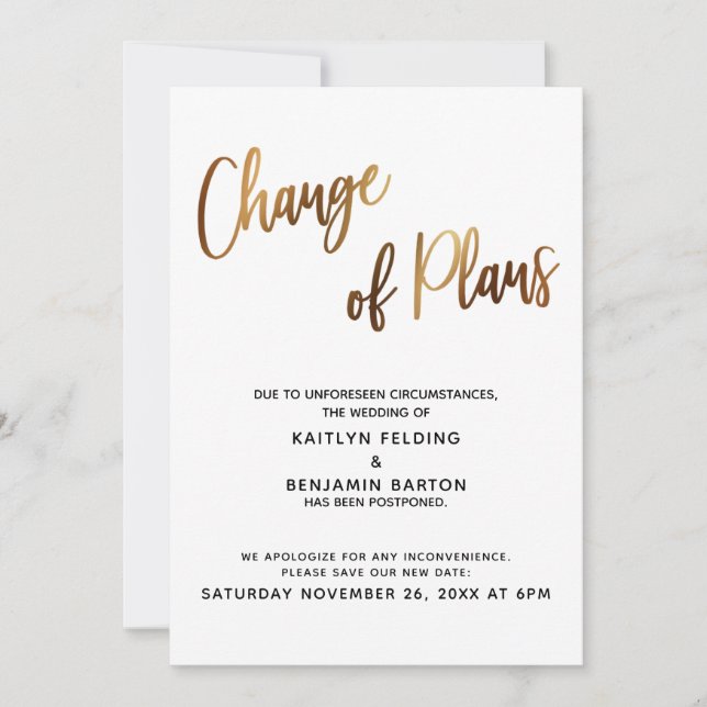 Tarjeta de Cambio de Planes de Boda Pospuesta de O (Anverso)