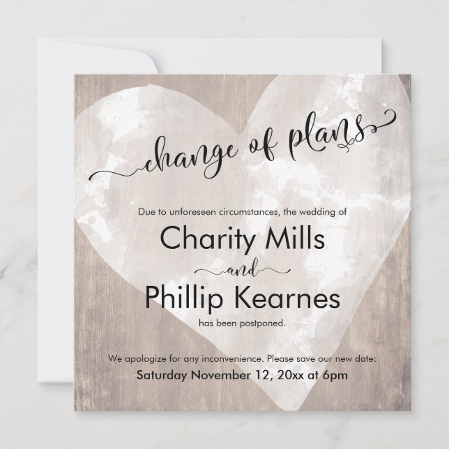 Tarjeta de cambio de planes de Heart Wood pospuest (Anverso)