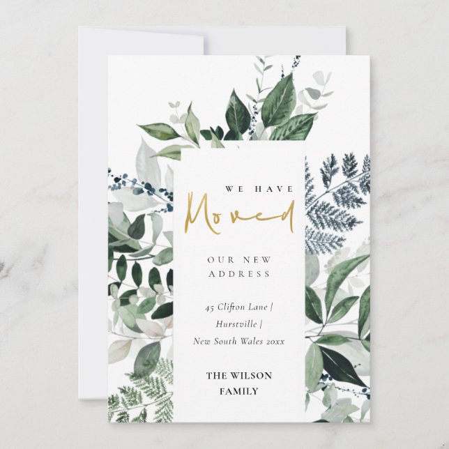 Tarjeta de cambio de ubicación Green Gold Greenery (Anverso)