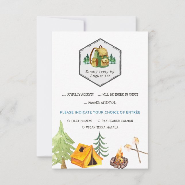 Tarjeta de camping e iconos RSVP con opción de com (Anverso)