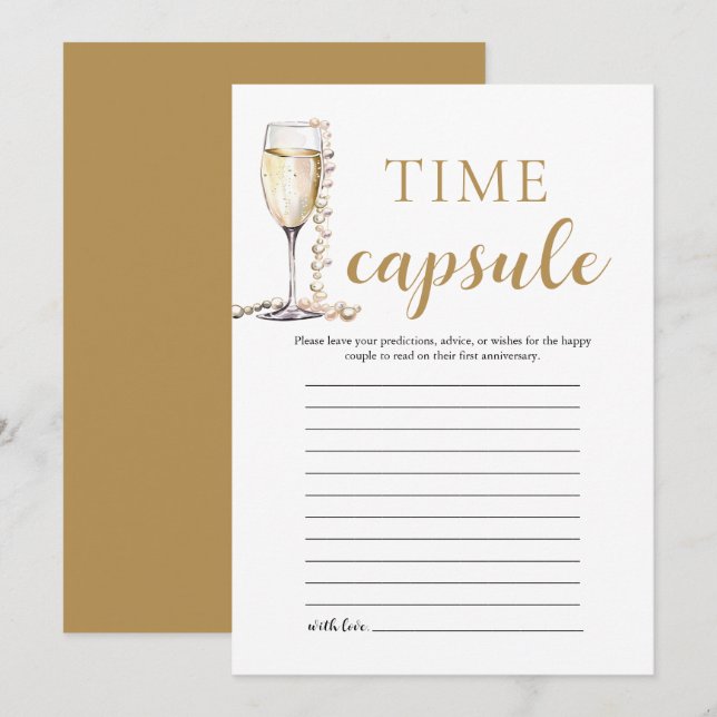 Tarjeta de cápsula del tiempo de perlas y prosecco (Anverso / Reverso)
