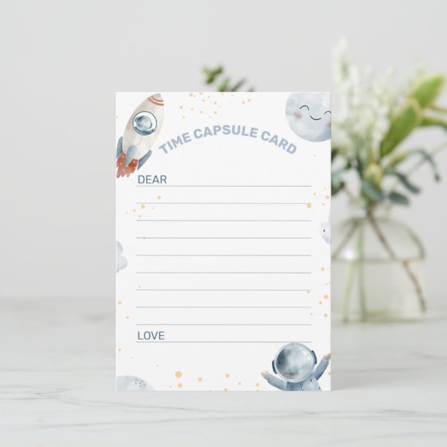 Tarjeta de cápsula del tiempo de viaje alrededor d (Anverso de pie)