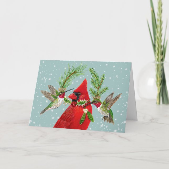 Tarjeta de cardenales y colibríes para navidades (Anverso)