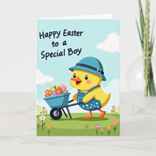 Tarjeta de carretilla de pollito feliz de primaver