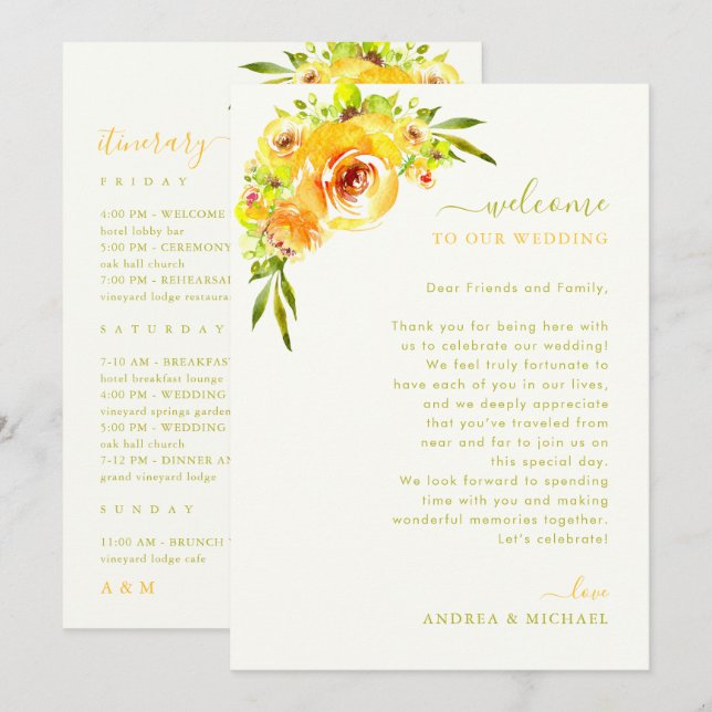 Tarjeta de carta de bienvenida de boda Amarillo Ve (Anverso / Reverso)