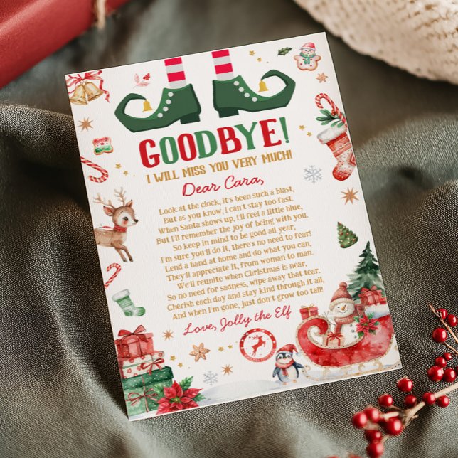 Tarjeta de carta de despedida de adiós de elfo de  (Elf Christmas Goodbye Letter Card)