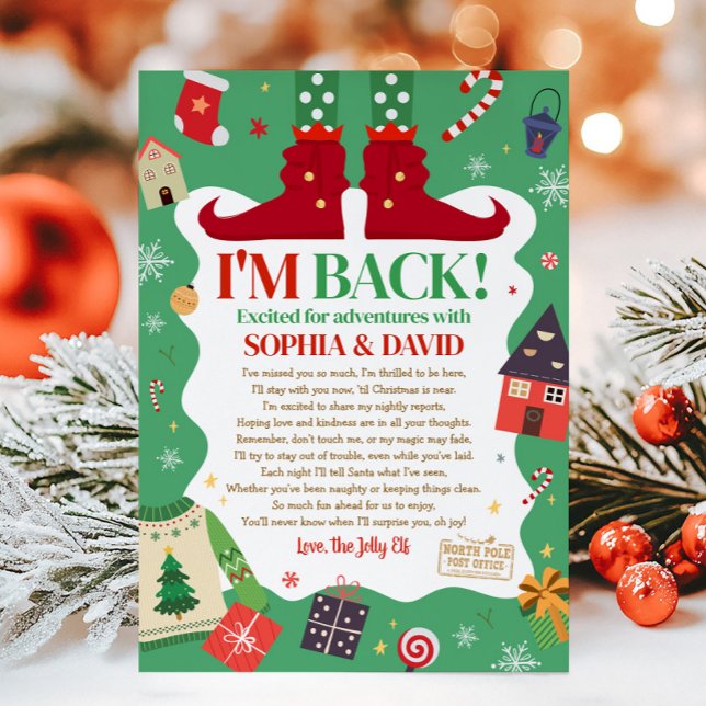 Tarjeta de carta de llegada de duende de Navidad E (I'm Back Elf Christmas Arrival Letter Card)