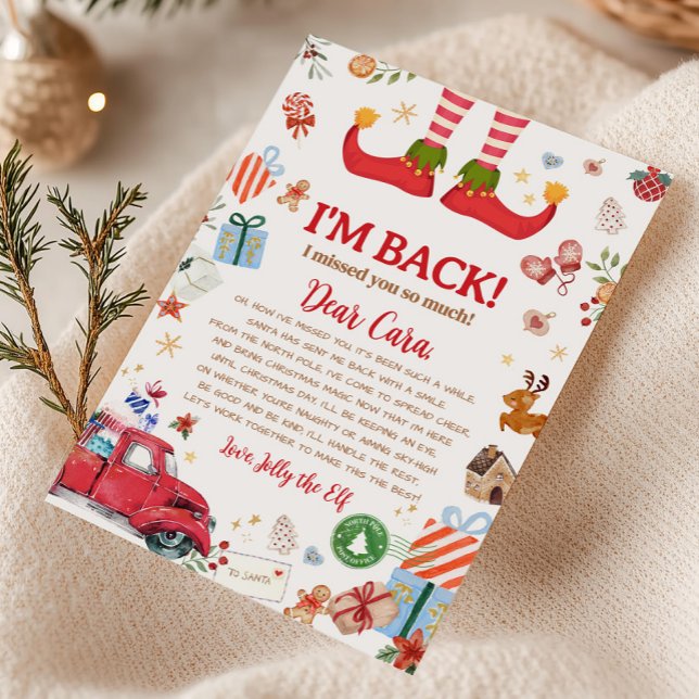 Tarjeta de carta de llegada del duende de Navidad  (Elf Arrival Christmas I'm Back Letter Card)