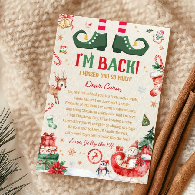 Tarjeta de carta de llegada del elfo de Navidad Es (Christmas Elf Return I'm Back Letter Card
)