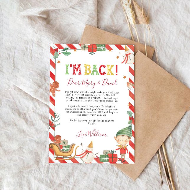 Tarjeta de carta de Navidad Elfo Estoy de vuelta (Subido por el creador)