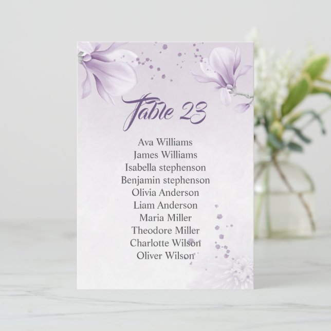 tarjeta de cartas de asiento con flores moradas ro (Anverso de pie)