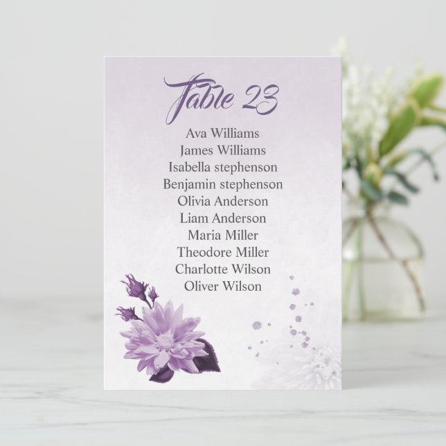 tarjeta de cartas de asiento con flores moradas ro (Anverso de pie)