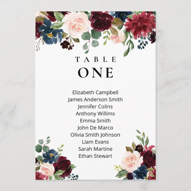 Tarjeta de cartas de asientos de Boho Floral Burgu (Anverso)