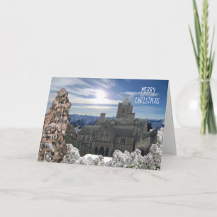 Tarjeta de Catedral Antigua y Árbol de Navidad