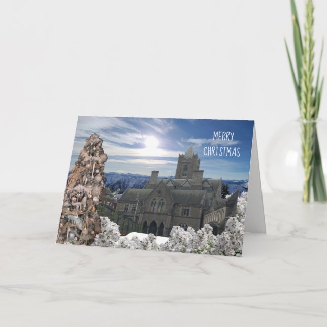 Tarjeta de Catedral Antigua y Árbol de Navidad (Anverso)