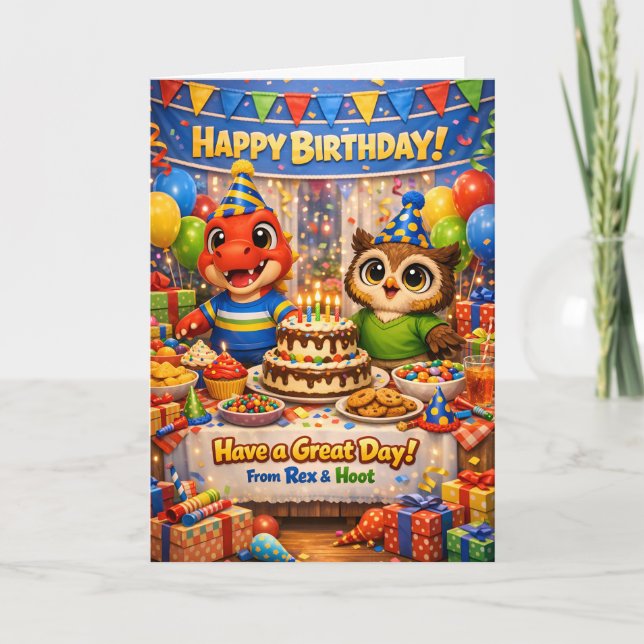 Tarjeta de celebración de cumpleaños de Rex y Hoot (Anverso)