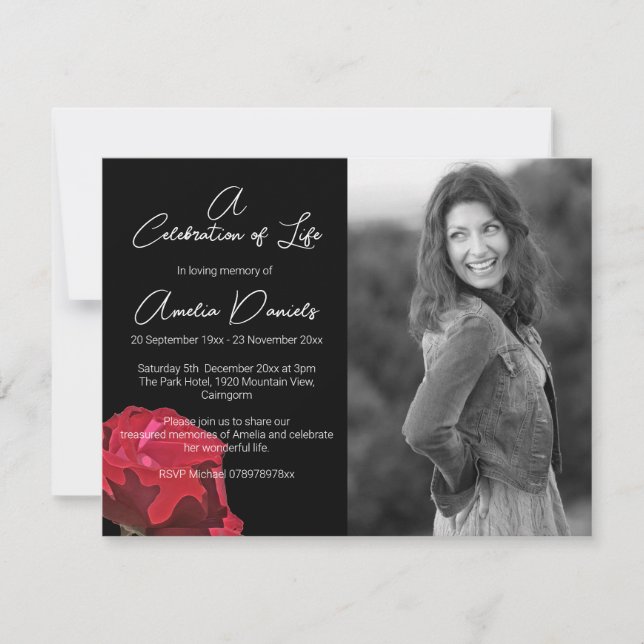 Tarjeta de Celebración de la Vida con Rosa Roja so (Anverso)