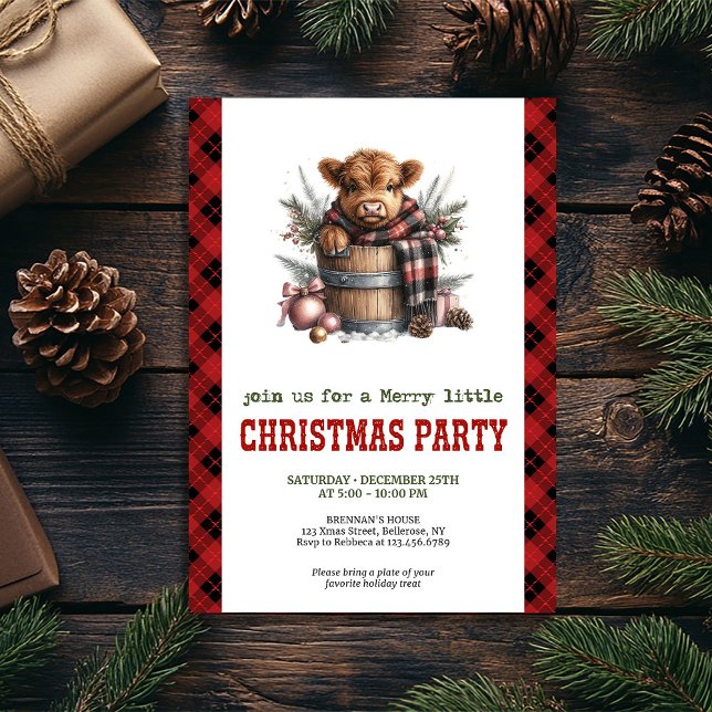 Tarjeta de celebración de Navidad de vaca de las t (Editable highland cow Christmas celebration card)