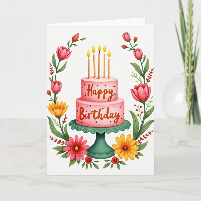 Tarjeta de Celebración de Torta Rosa (Anverso)