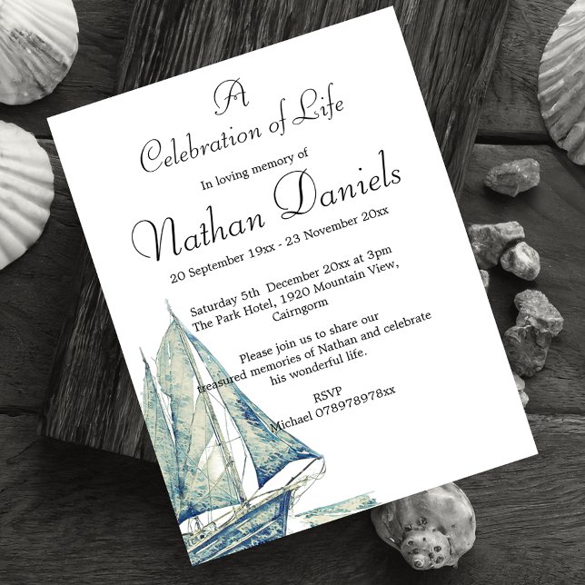 Tarjeta de Celebración de Vida de Yate Azul (Nautical themed celebration of life cards.)