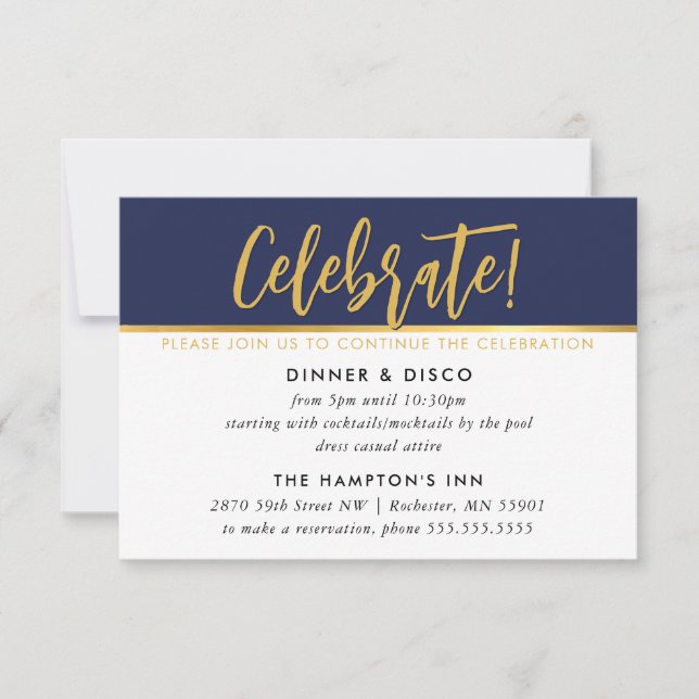 TARJETA DE CELEBRACIÓN fiesta oro azul marino mode (Anverso)