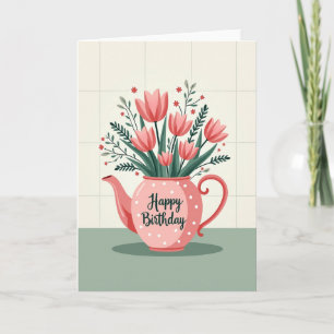 Tarjeta de Celebración Floral de Tetera