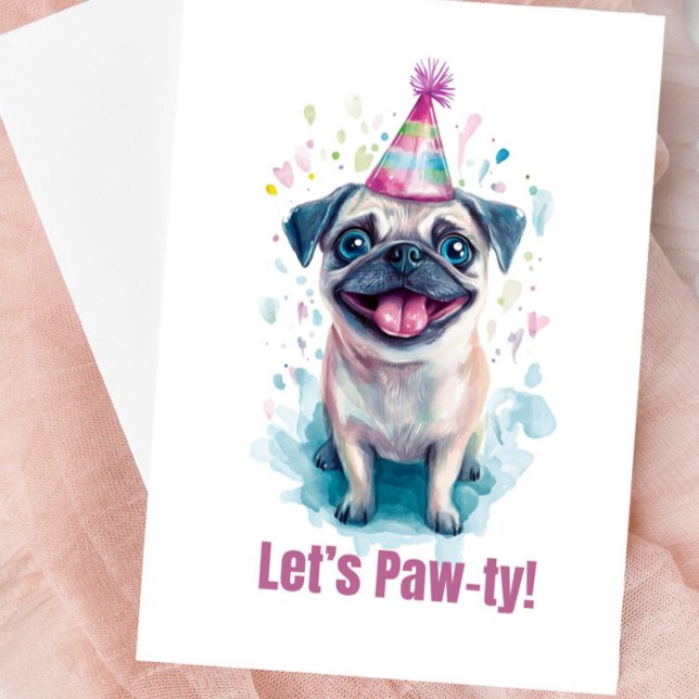 Tarjeta de Celebración "¡Vamos a Paw-tir!" de Pug (Cute Pug Blank Greeting Card)