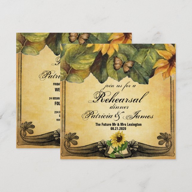 Tarjeta de cena de Boda de girasoles dorados (Anverso / Reverso)