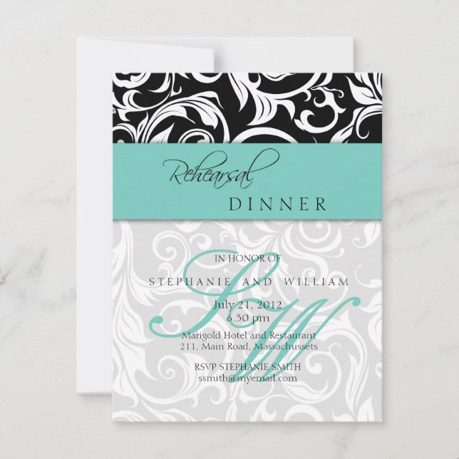 Tarjeta de cena de ensayo Aqua Swirl Monogram (Anverso)