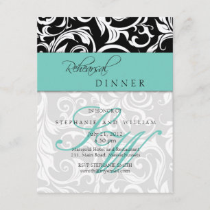 Tarjeta de cena de ensayo Aqua Swirl Monogram