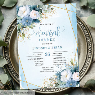 Tarjeta de cena de ensayo Boho Dusty Blue White Pe