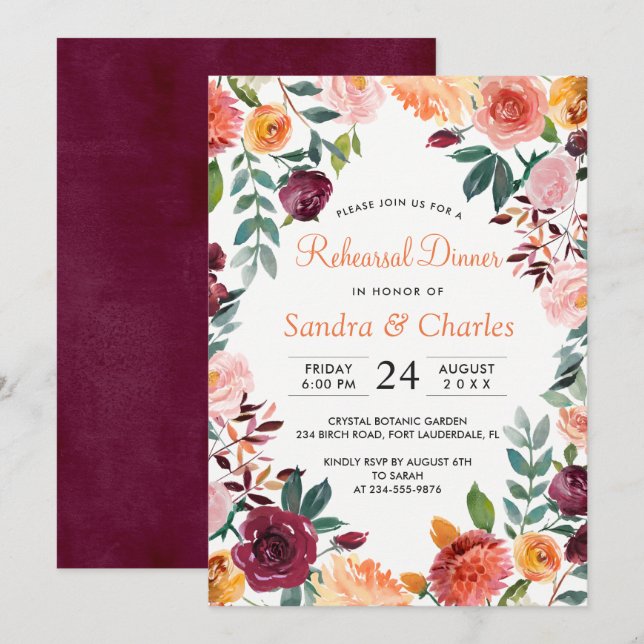 Tarjeta de cena de ensayo botánico rosa de Marsala (Anverso / Reverso)