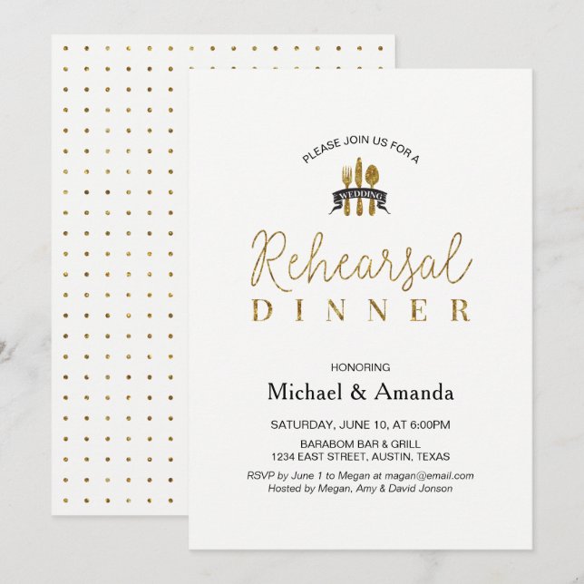Tarjeta de cena de ensayo de boda de oro moderna s (Anverso / Reverso)