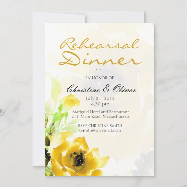 Tarjeta de cena de ensayo de Boda de rosa amarillo (Anverso)