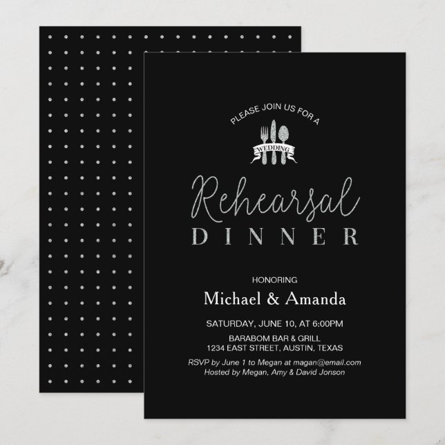 Tarjeta de cena de ensayo de boda moderna de plata (Anverso / Reverso)
