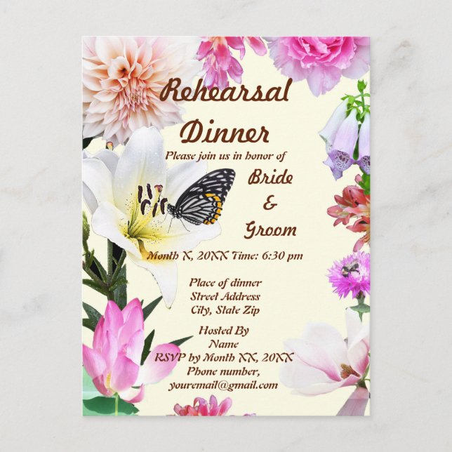 Tarjeta de Cena de Ensayo de Flores y Mariposas (Anverso)