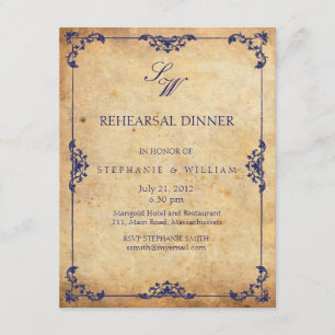 Tarjeta de cena de ensayo de monograma azul floral
